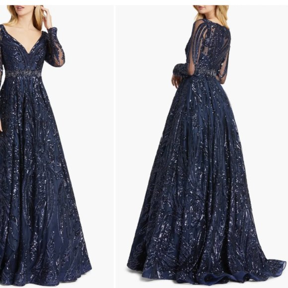 MAC DUGGAL 67113 LONG SLEEVE EMBELLISHED MIDNIGHT NAVY BALLGOWN sz 20 - Picture 3 of 4